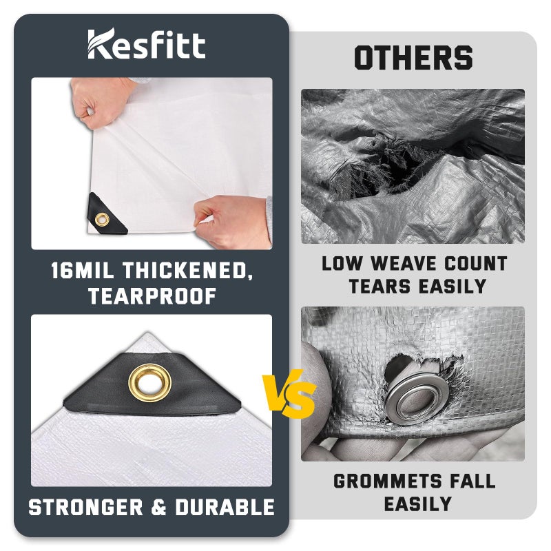 Kesfitt Tarp Heavy Duty Waterproof 10x10FT,16 Mil Thick Tarps Tear&Fade Resistant,UV Resistant,Poly Tarp Cover with Grommets and Reinforced Edges for Outdoor Camping Pools Boat Car(White) - Image 4